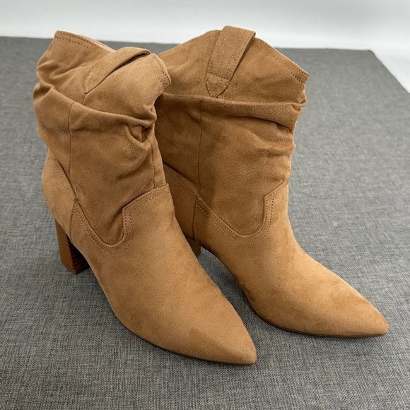 Chunky Block Mid-Calf Boots Pointed Toe Suede Size 7 Brown/ Tan Color Brand New - Picture 4 of 16